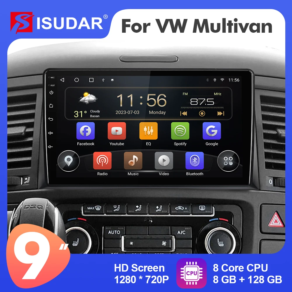 Isudar 9 İnç Android 12 Araba Radyo Volkswagen Transportre/Multivan T5 2003-2015 Carplay Otomatik Stereo Hiçbir 2din FM 4G