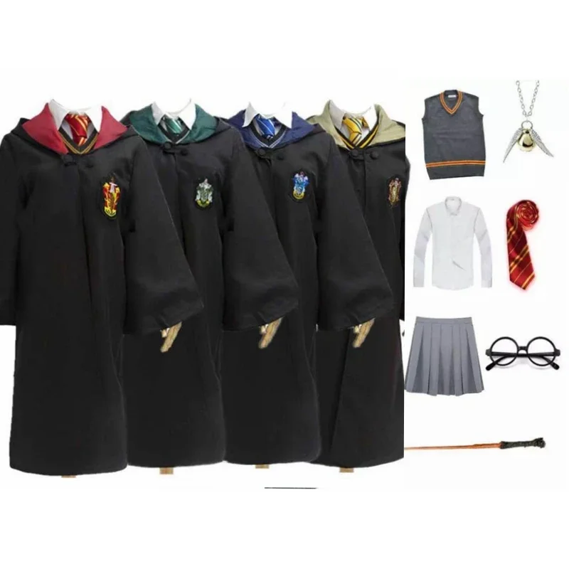 Cosplay Potter Kostüm Sihirli Elbise Pelerin Hermione Takım Elbise Kravat Eşarp Değnek Gözlük Godric Hediye Potter Cosplay Cadılar Bayramı parti giysileri