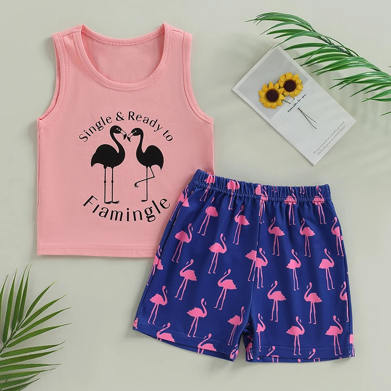 Yürüyor Boys Yaz Kıyafet Setleri Pembe Kolsuz O-Boyun Mektup Yelek Üstleri + Flamingo Baskı Şort 3Months-3Years