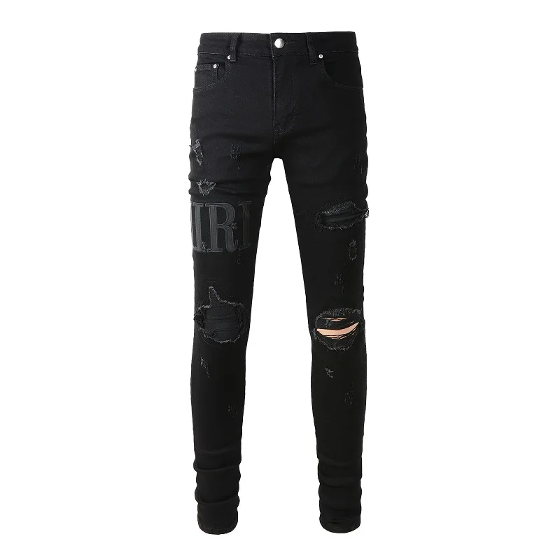 Erkek Siyah Sıkıntılı Streetwear Yıkanmış Jean Pantolon Deri Harfler İşlemeli Yüksek Streç Sıska Yırtık Slim Fit Kot