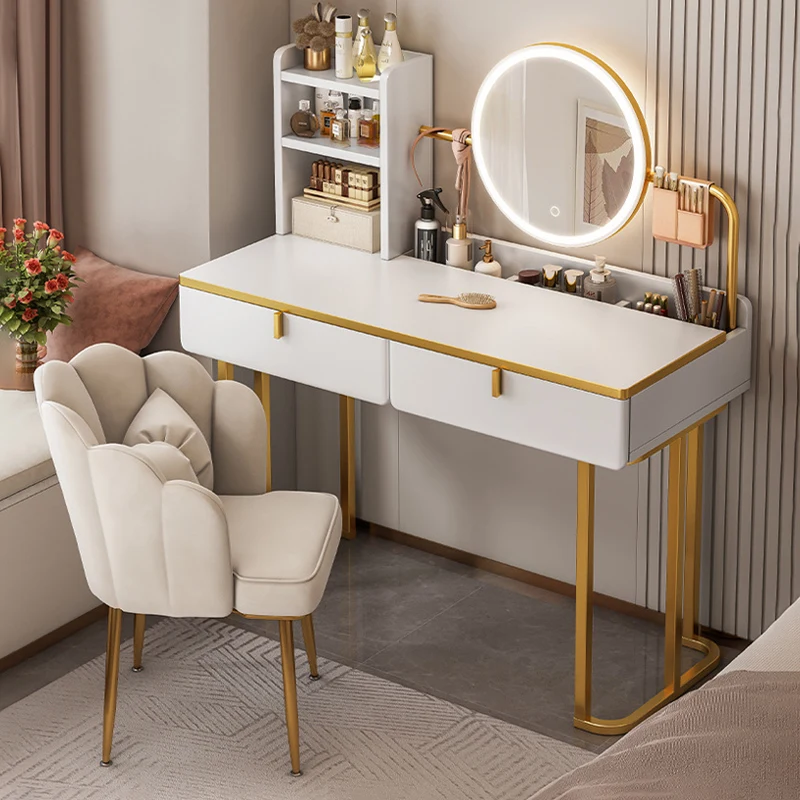 Iskandinav Beyaz Altın Tuvalet Masası Modern Estetik Çekmeceli makyaj masası dolabı Dolap Depolama Coiffeuse De Chambre Mobilya