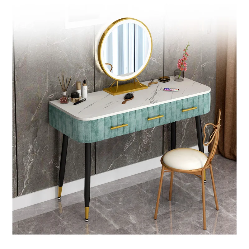 Minimalist Ayna Mobilya Makyaj Masası Mermer Masaüstü Dresser Yatak Odası Sandalye Seti LED Ayna İle 80/100/120cm Dresser