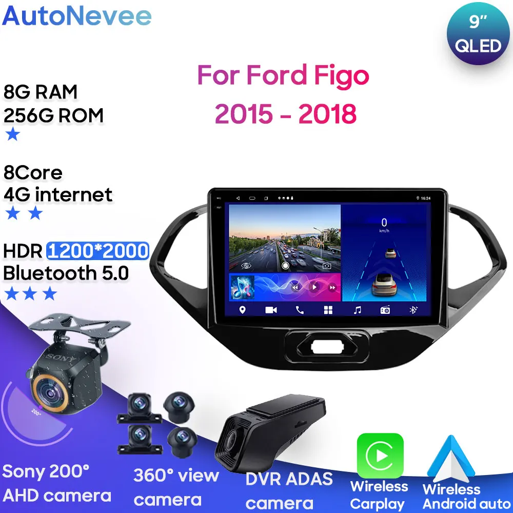 Android Multimedya Ford Figo 2015 - 2018 İçin Araba Stereo CPU Radyo QLED Oynatıcı Navigasyon Carplay Otomatik HDR 5G Kamera Dash WİFİ Kamera