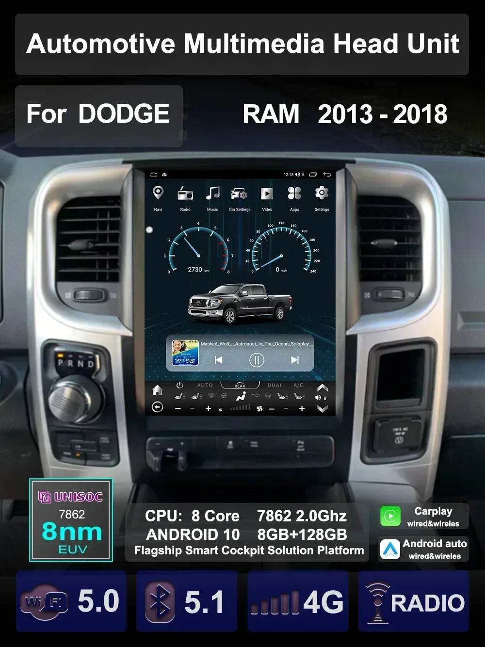 Dodge RAM 1500 için Spor güç vagon 2013-2018 Araba Multimedya Carplay Android otomatik GPS Navigasyon Radyo Video Oynatıcı Kafa Ünitesi