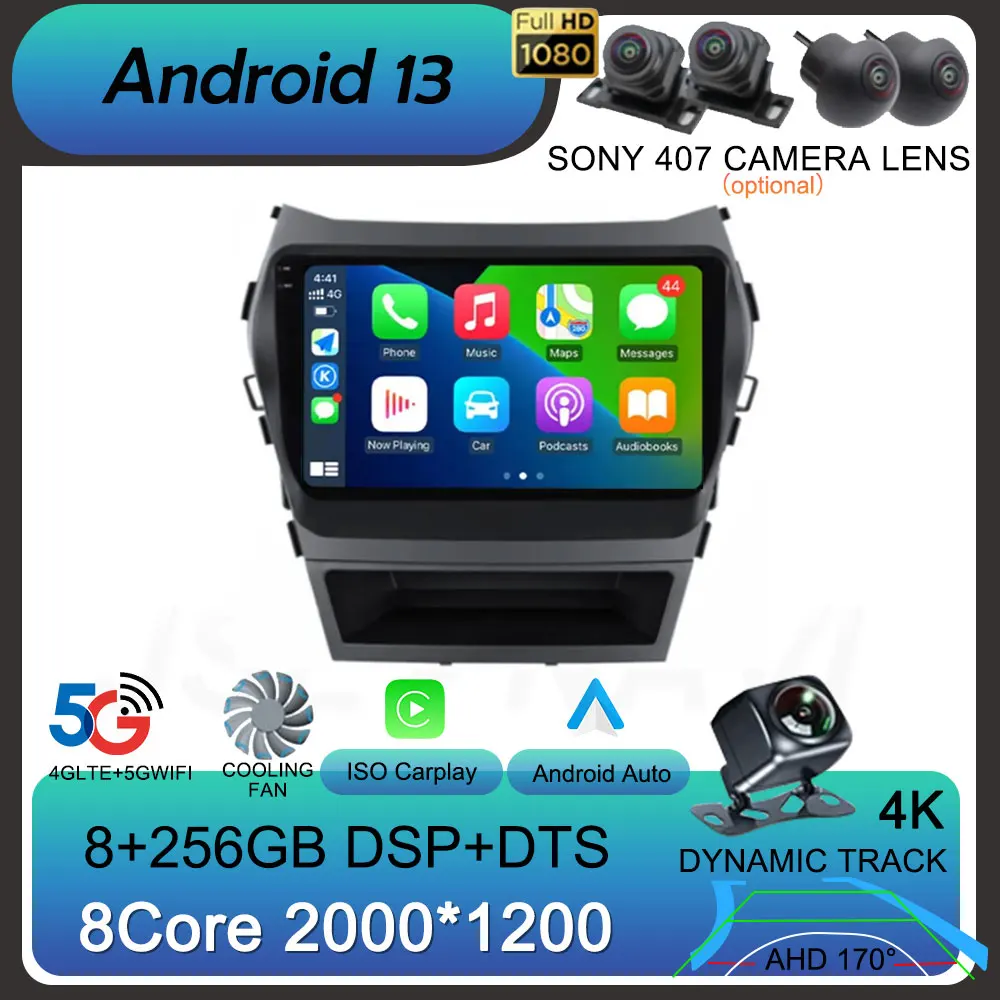 Android 13 Otomatik Carplay 2Din Araba Radyo Multimedya Video Oynatıcı Hyundai Santa Fe 3 2013-2017 Navigasyon GPS Stereo 360 Kamera