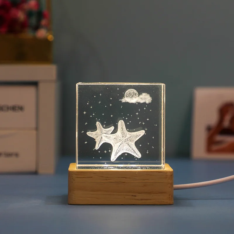 3D Kristal Küp Cam Prizma 4cm Oyma Süsler Yunus, Denizyıldızı ve Denizanası El Sanatları Küçük Gece Lambası Süsler Tabanı ile