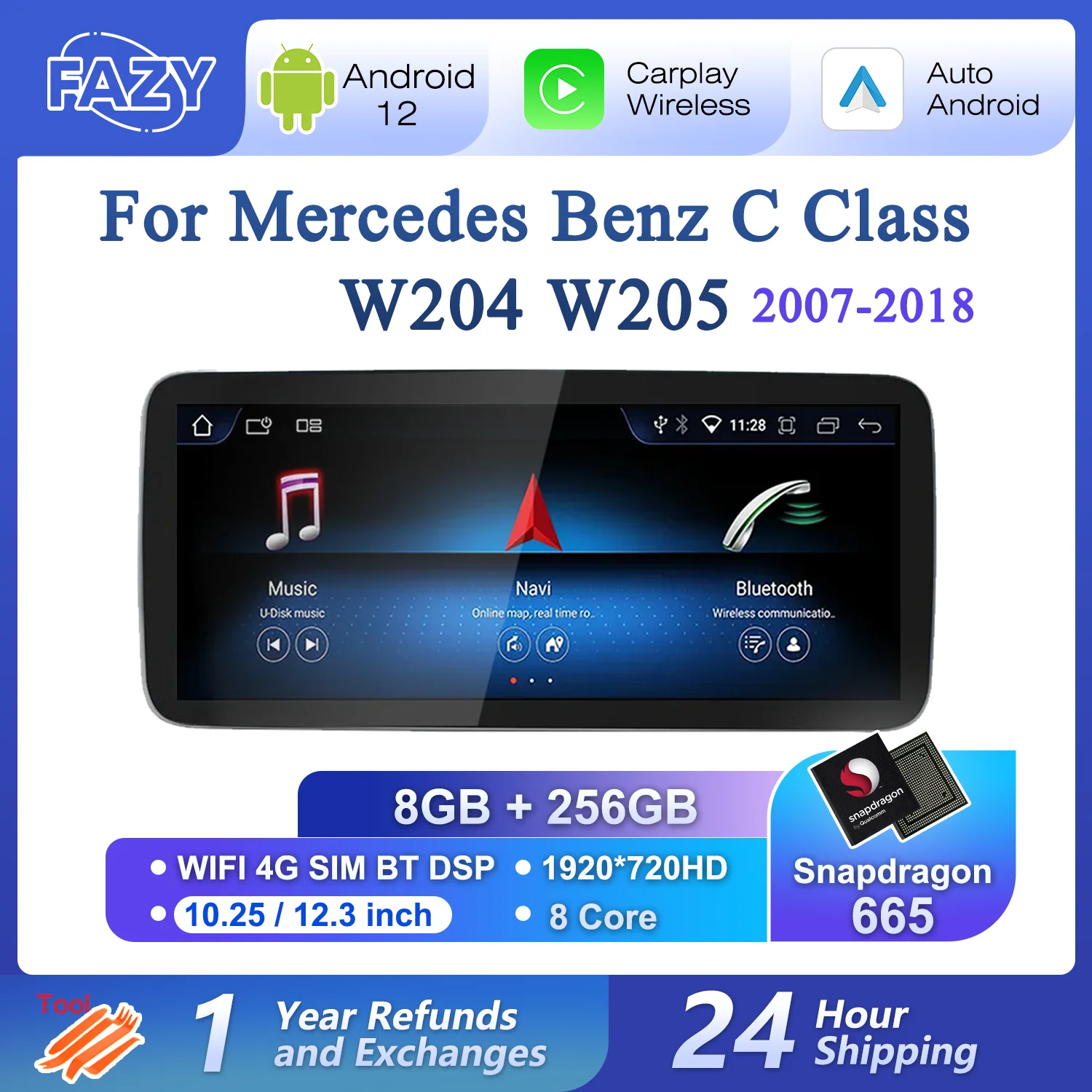Mercedes Benz C Sınıfı için W204 W205 Radyo Android Otomatik Apple CarPlay Araba Merkezi Multimedya Oynatıcı 256GB Akıllı Ekran Navı