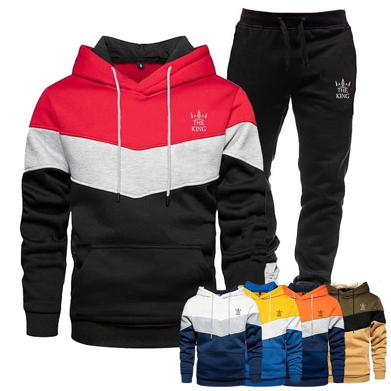 2024 Yeni erkek üç renkli patchwork hoodie uzun pantolon seti kazak spor gömlek casual koşu seti logo baskılı spor