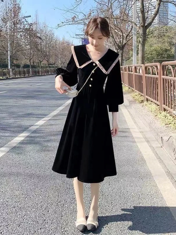Kadınlar için yeni Elbise Hepburn Tarzı Bebek Yaka Vintage Elbise Zarif Zarif Elbiseler Şık Minimalist Çok Yönlü Elbiseler Kadın