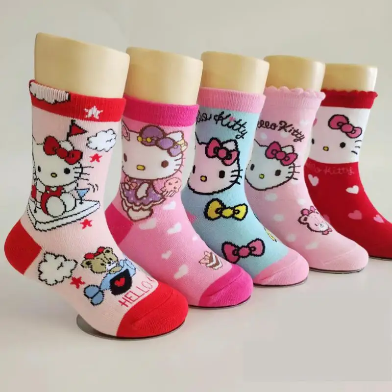 5 Adet Karikatür Kız Çorap Hello Kittys Sanrioed Orta Buzağı Pamuk Çorap Kawaii Moda Cilt Dostu Yumuşak Absorbe Ter Nefes