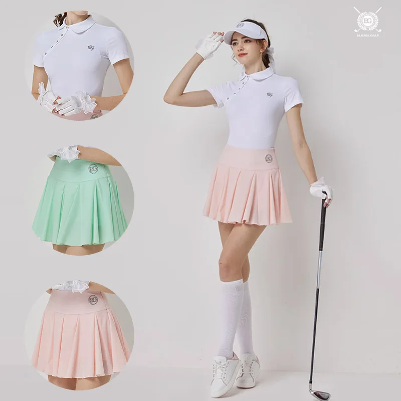 Blktee Bayanlar Mandarin Yaka Golf T-shirt Nefes Kısa Kollu Gömlek Kadın Fermuar Pilili Etek Hızlı Kuru Golf Culottes Setleri