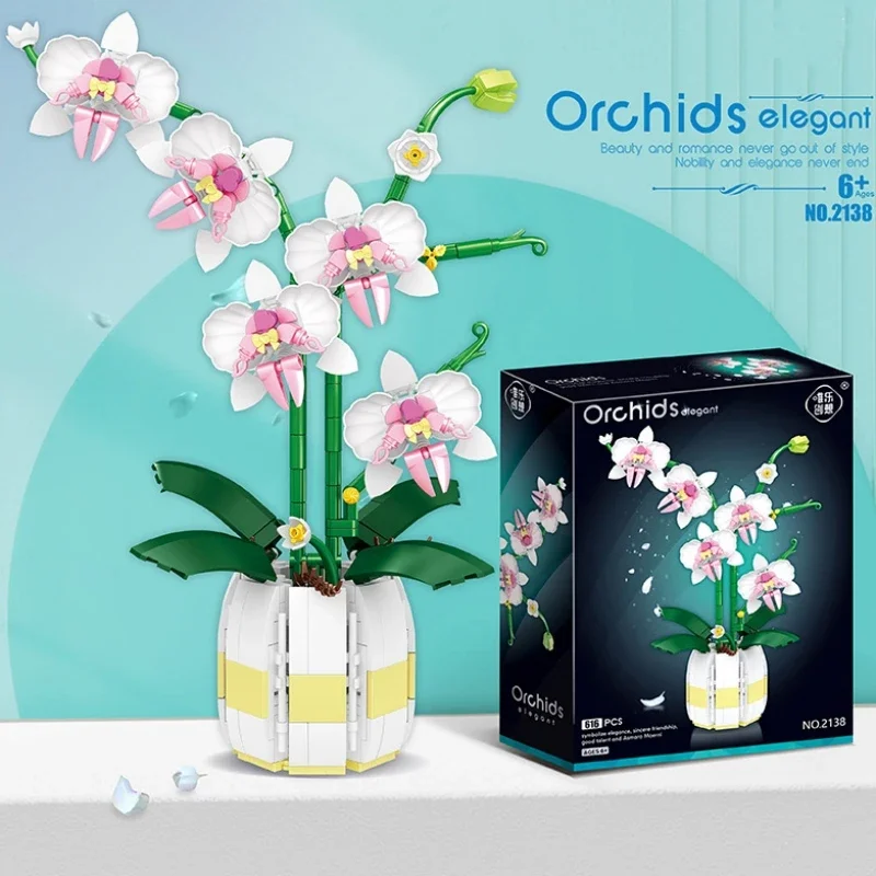 Güve Orkide Saksı Yapı Taşları Buket Ev Masaüstü Dekorasyon Çiçek Bulmaca Oyuncak Çocuklar için Yaratıcı Tatil Hediye