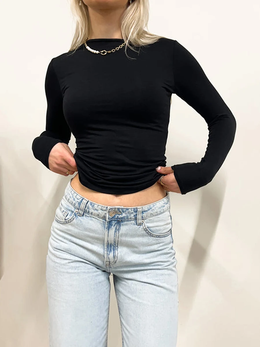 Kadın Slim Fit Kırpma Üstleri Uzun Kollu Kırpma Üst Y2k Rahat Temel Dışarı Çıkmak Yuvarlak Boyun Düz Renk T Shirt Bluz Estetik
