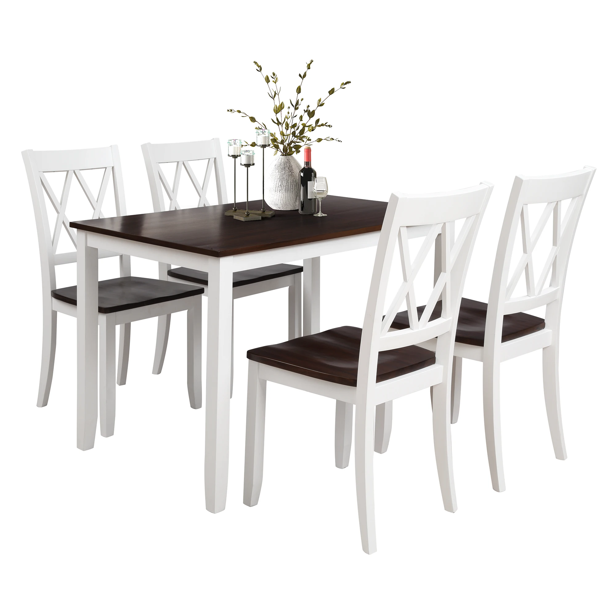 5 Parçalı Yemek Masası Seti Ev Mutfak Masası ve Sandalyeleri Ahşap Yemek Takımı, Beyaz + Kiraz