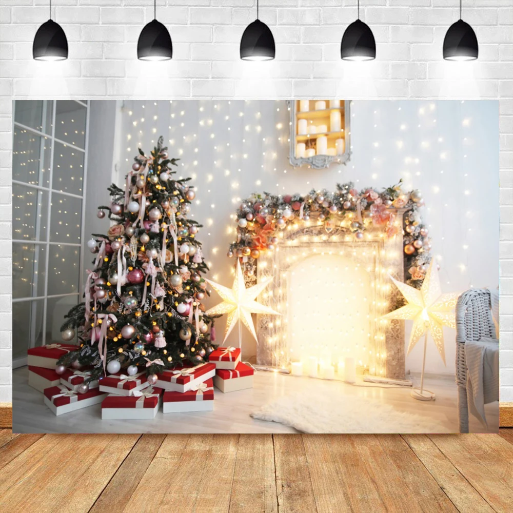 Noel Zemin Fotoğrafçılık İçin Noel Ağacı Parlayan Lamba Şömine Aile Çekimi Parti Fotoğraf Arka Plan Photocall