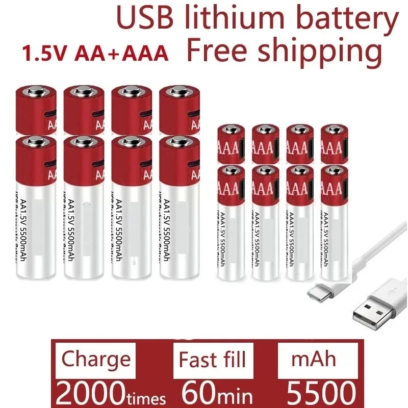 2023 yeni AA + AAA büyük kapasiteli 5500mah şarj edilebilir lityum iyon batarya AA AAA 1.5 V USB hızlı şarj lityum iyon batarya
