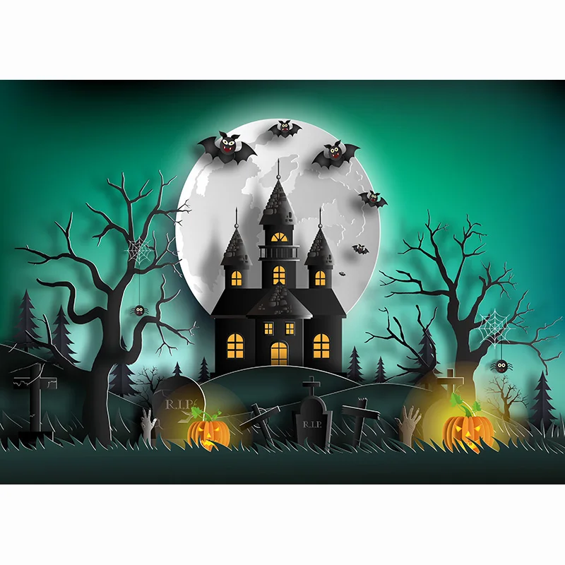 Cadılar bayramı Fotoğraf Arka Planında Mezarlık Mezarlık Korku Gece Parlayan Soluk Ay Çocuklar Yetişkinler Arka Plan 22815 WSJ-01