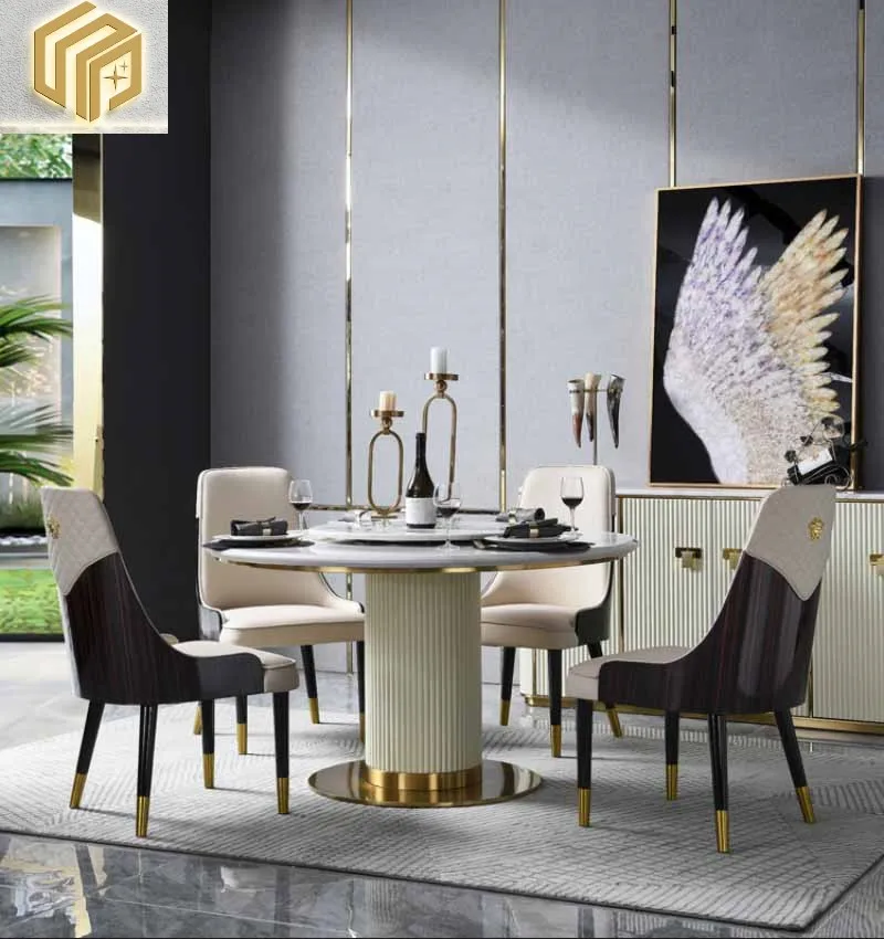 Işık lüks yemek masası ve sandalye kombinasyonu paslanmaz çelik yemek müzakere masa ev özel Postmodern mermer kaya