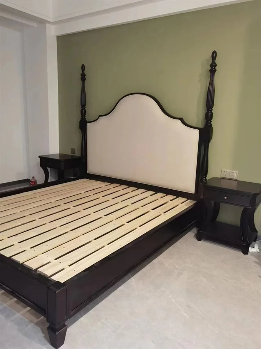 Amerikan retro yatak ana yatak odası Fransız ülke high-end mobilya deri katı ahşap çift kişilik yatak