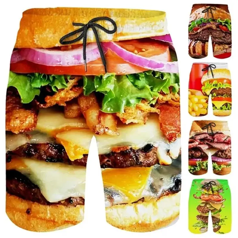 Komik Gıda Hamburger Grafik plaj şortu Erkekler 3D Sığır Burger Baskı Mayo 2023 Serin Yaz Bermuda Yüzmek Mayo Çocuk Buz Şort