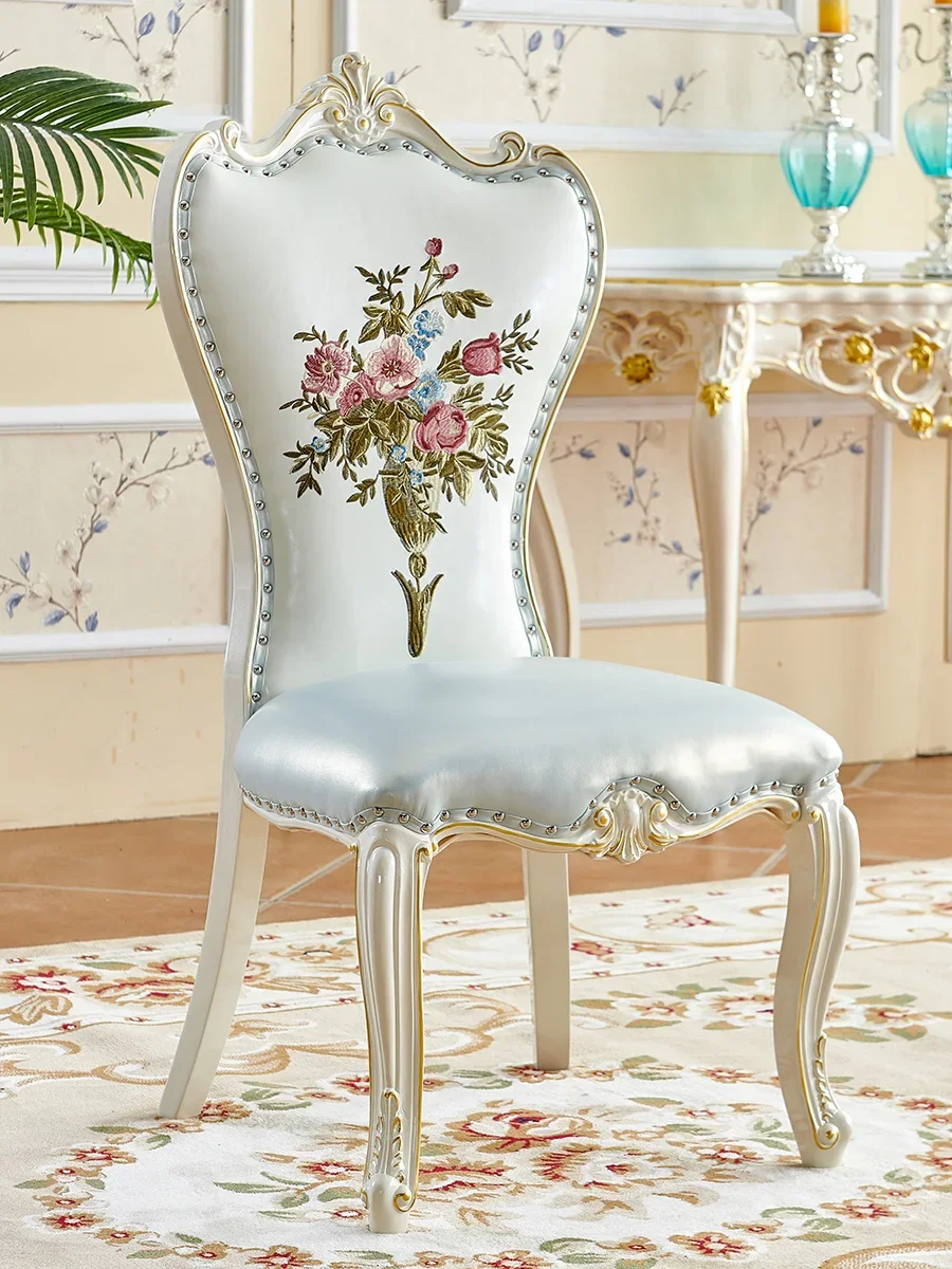 Avrupa sandalye basit Avrupa beyaz restoran katı ahşap döşemeli yemek sandalyesi Amerikan tam katı ahşap oyma çiçek boya