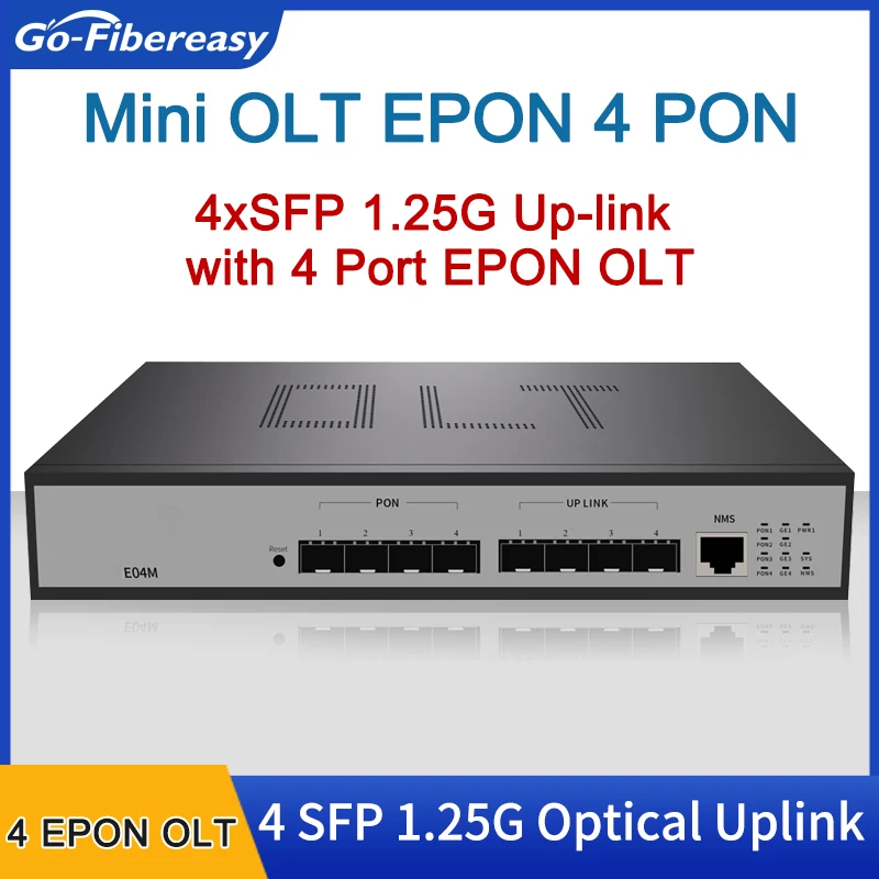 4 Port Mini L2 EPON OLT 4 * Sabit EPON Bağlantı Noktası, 4 * GE SFP Bağlantı Noktası, 1 * Konsol Bağlantı Noktası,1 * NMS Bağlantı Noktası 1U Kaset Web Yönetimi ONT / ONU Ekipmanları