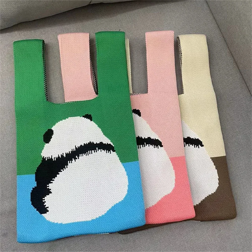 Yeni Bayanlar Tote kadın Niş Tasarım Sevimli Panda Örme Tote Öğrenci Yelek Çanta Mini Düğüm Bileklik yeniden kullanılabilir alışveriş poşeti