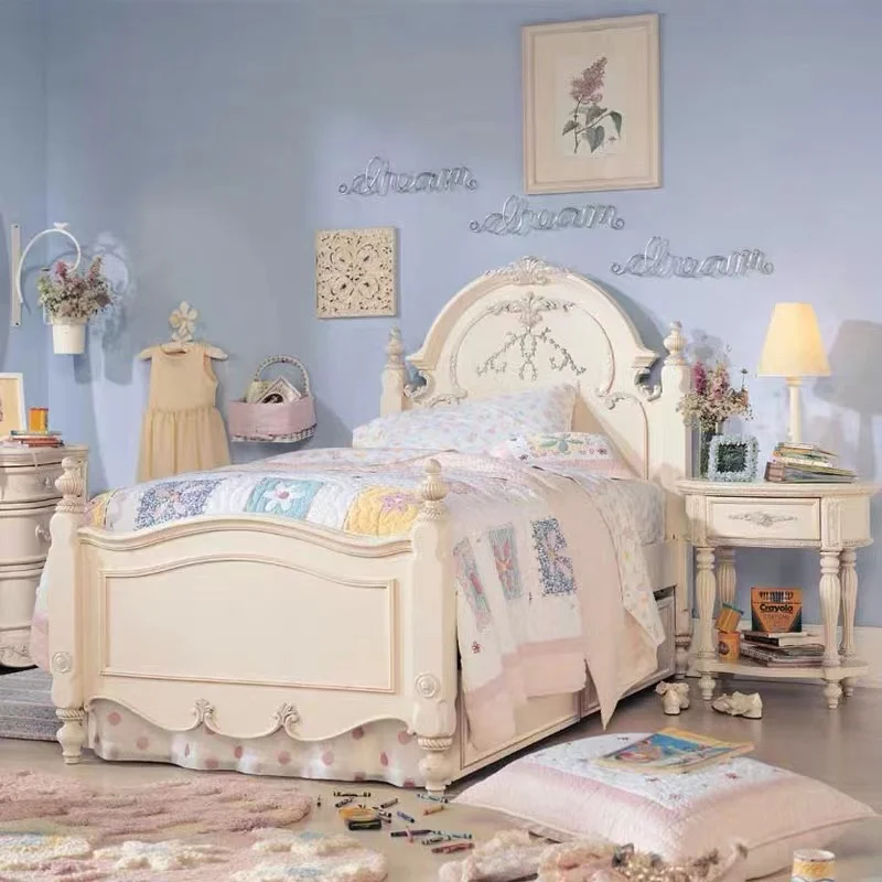 Yatak odası mobilyası Fransız krem tarzı katı ahşap yatak çocuk yatağı kız prenses yatak depolama yatağı anormal gürültüyü önlemek için