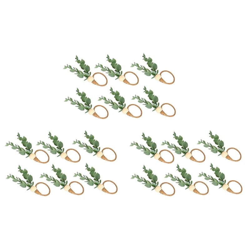 18 Adet Okaliptüs peçete halkaları El Yapımı Ahşap Boncuk Ev Dekor Sahte Yeşillik Peçete Sahipleri Düğün, Parti, Vb