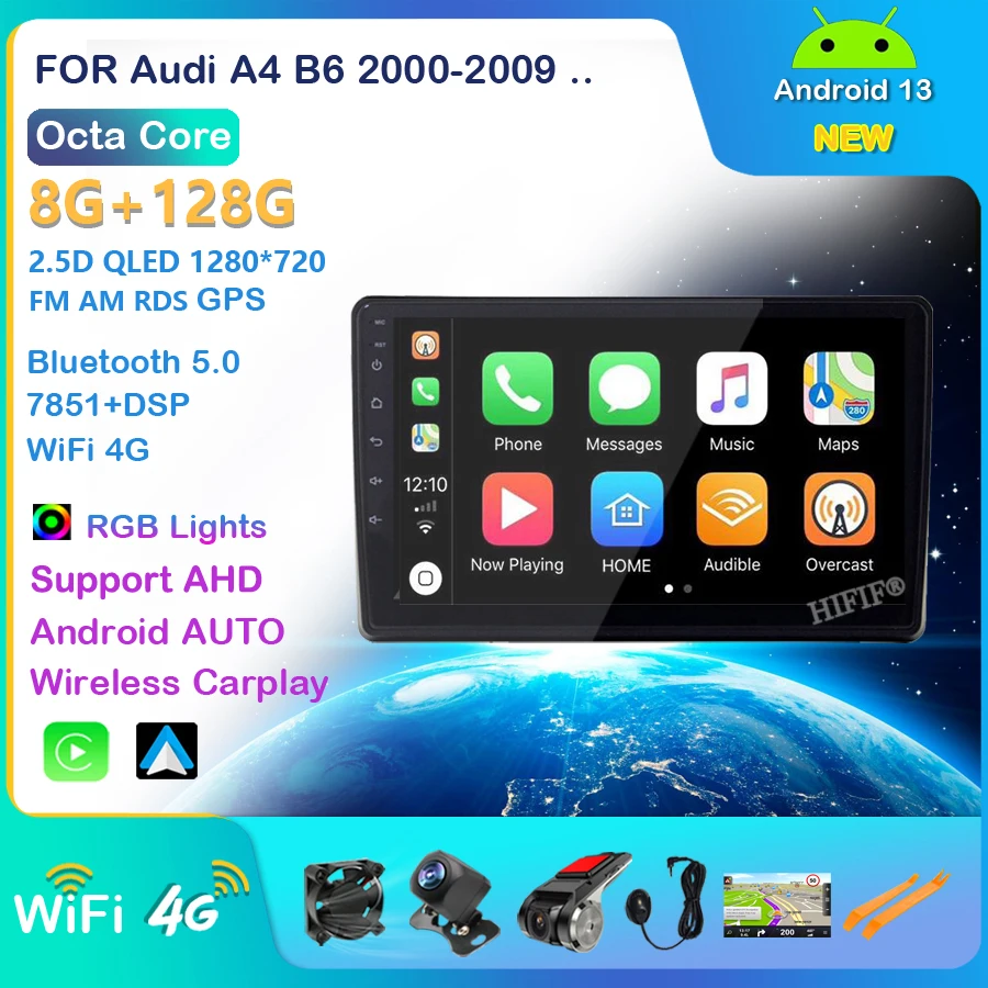 Android 13 Araba GPS Radyo Audi A4 2 3 B6 B7 2000 - 2009 S4 2002-2008 RS4 2005-2009 Hiçbir dvd Stereo Çalar AM RDS Carplay