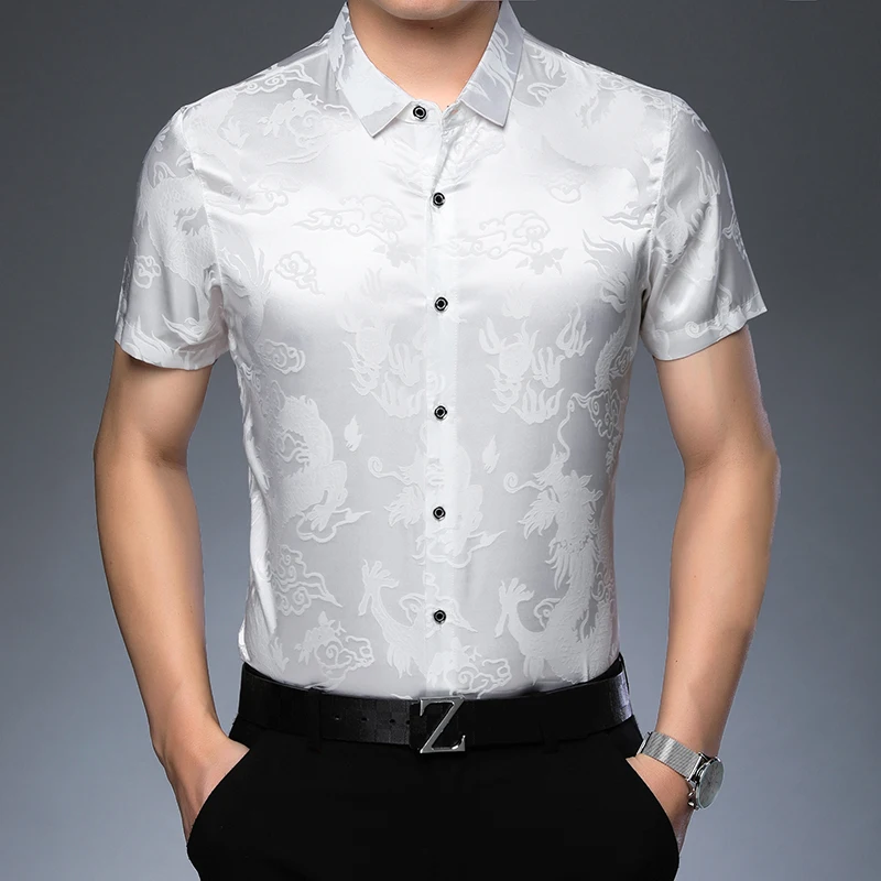 Yeni Yaz Erkek moda desen İpek gömlek Erkek rahat yumuşak ipek elbise gömlek kısa Kollu