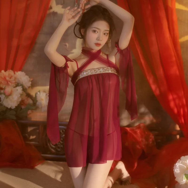Retro Seksi Pijama Straplez Gazlı Bez Hanfu İç Çamaşırı Gecelik Pijama Kadın Sevimli Çin Kostümleri Günaha Erotik Elbise