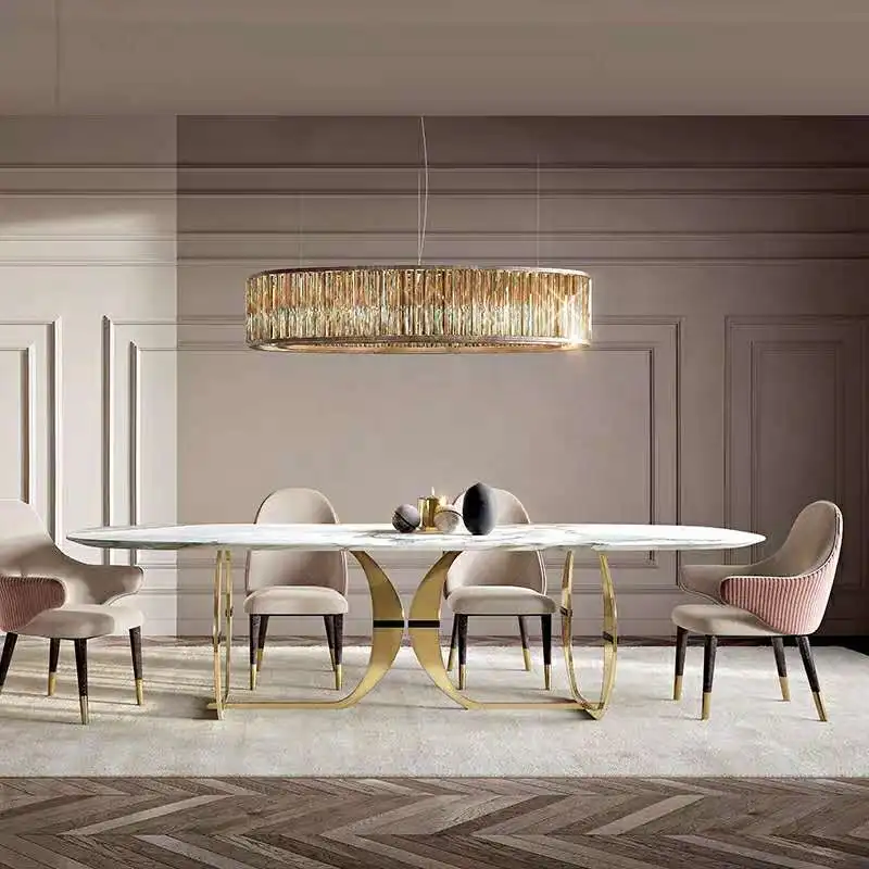 Italyan altın paslanmaz çelik düğün yemek masası setleri lüks 6 sandalye modern mermer yemek masası seti