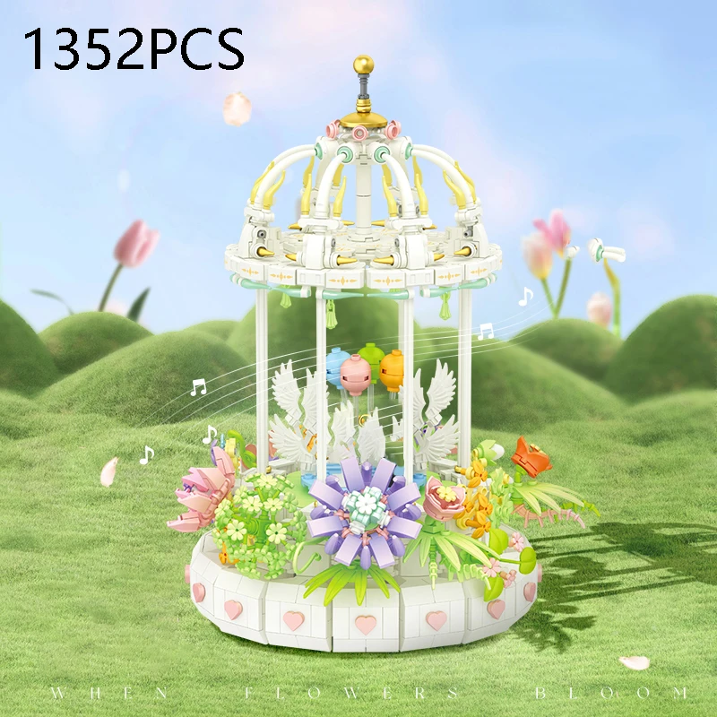 1352 ADET Buket Bitki Müzik Kutusu Yapı Taşı Çiçek Pavilion Şekli MOC Modeli Tuğla Oyuncaklar Yıldönümü Romantik Yılbaşı Hediyeleri