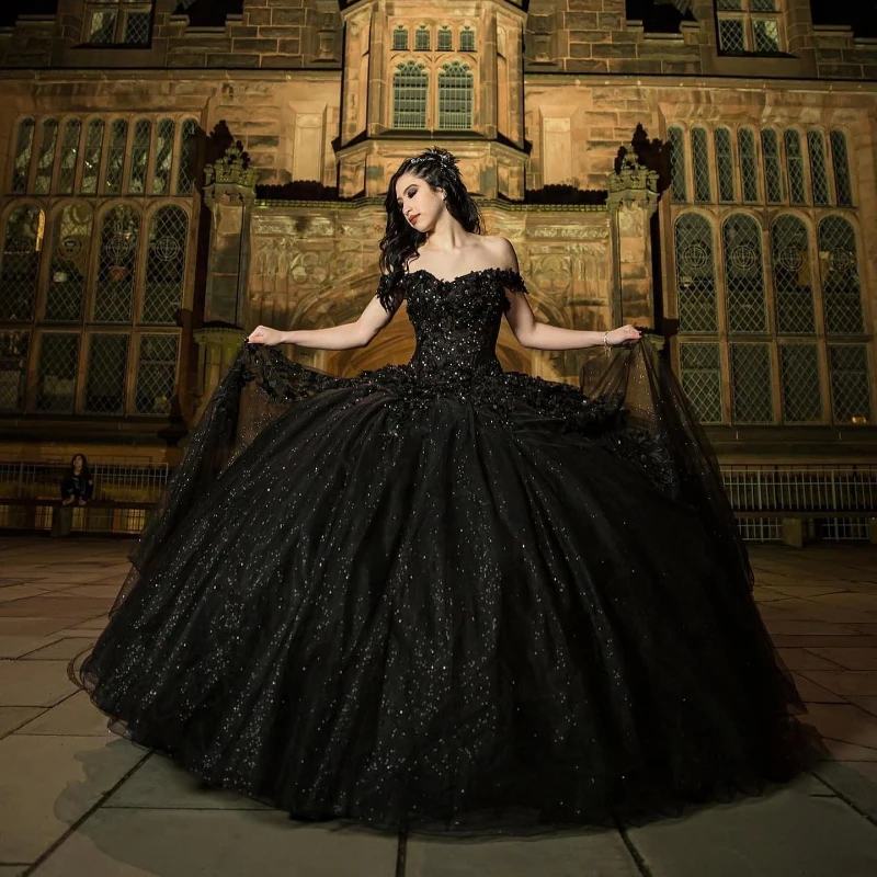 Siyah Parlak Quinceanera elbise Balo Aplike Dantel Boncuklu 3D Çiçekler Örgün Balo Doğum Günü Partisi Prenses Tatlı 15 16 Elbise