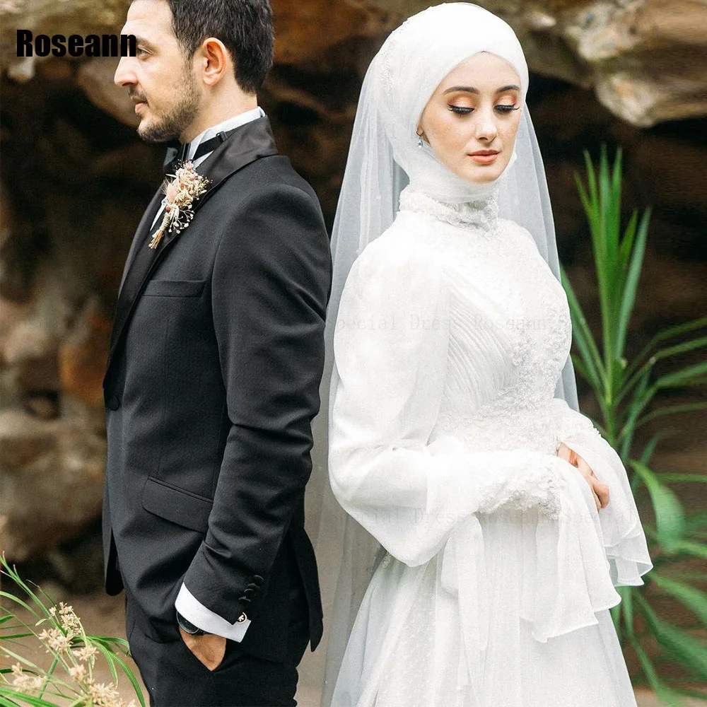 Müslüman 2024 Tasarım Yüksek Yaka A-line Gelinlik Aplike Dökümlü Plise Kat Uzunluk gelinlik Fırça Tren robe de mariée