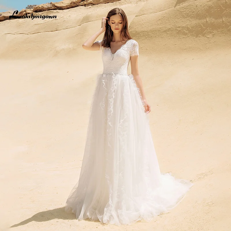 Peri Plaj düğün elbisesi abito da sposa 2021 V Boyun Kısa Kollu Dantel Plaj Bir Çizgi gelinlik Zarif Tül Gelin Elbise