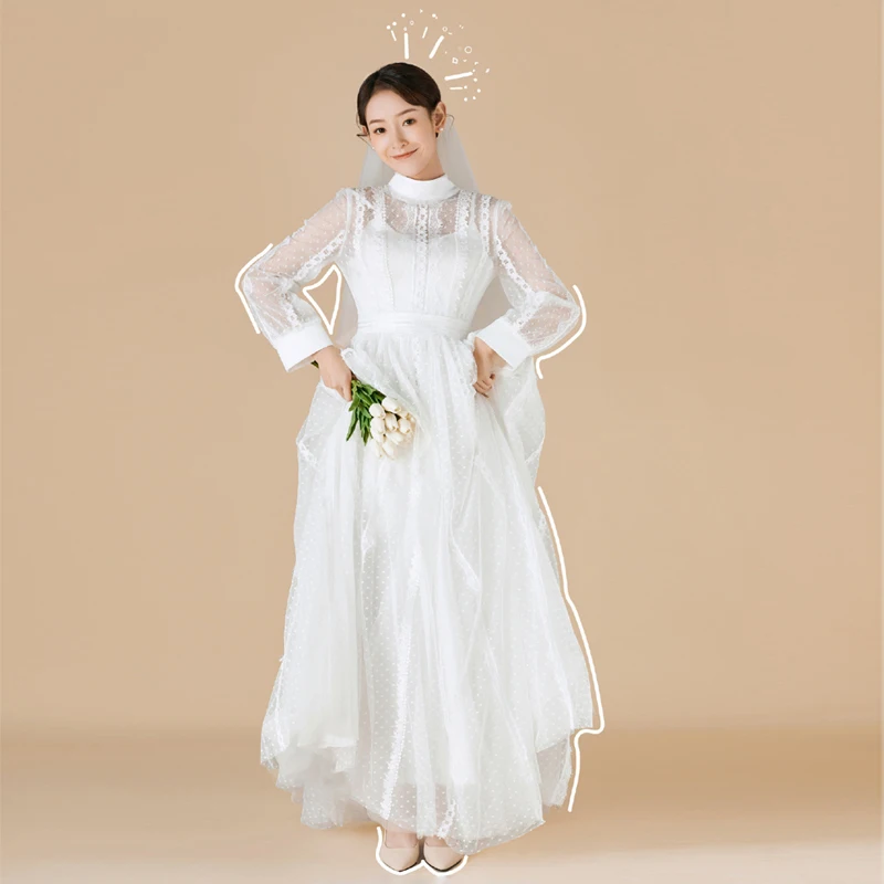 2023 Yüksek Boyun Dantel Gelin Elbiseler Boho Uzun Kollu A-Line düğün elbisesi Zarif Fotoğraf Çekimi Tur Robe De Mariée Kıyafeti Gelin