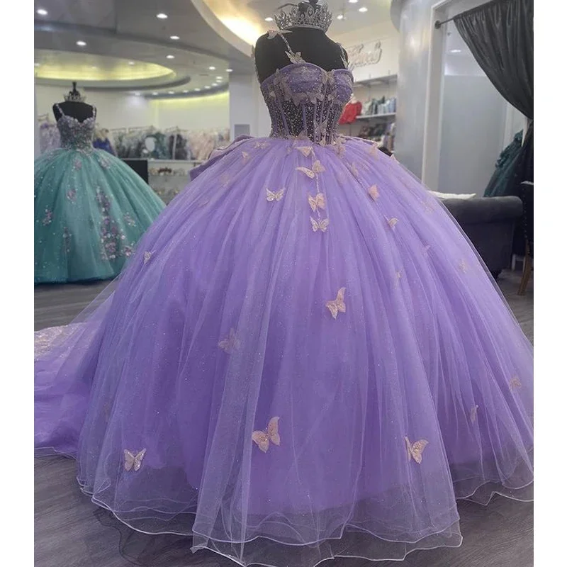 Mor Prenses Quinceanera Elbise Kelebek Kapalı Omuz kristal boncuklar Büyük Yay Aplikler Korse Vestidos De 15 Anos Mahkemesi Tren