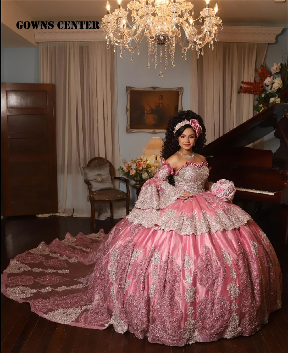 Tatlı Pembe Meksika Geleneksel Nakış Balo Quinceanera Elbise Üç Çeyrek Kollu Tatlı 16 Elbise Vestido De 15 Año