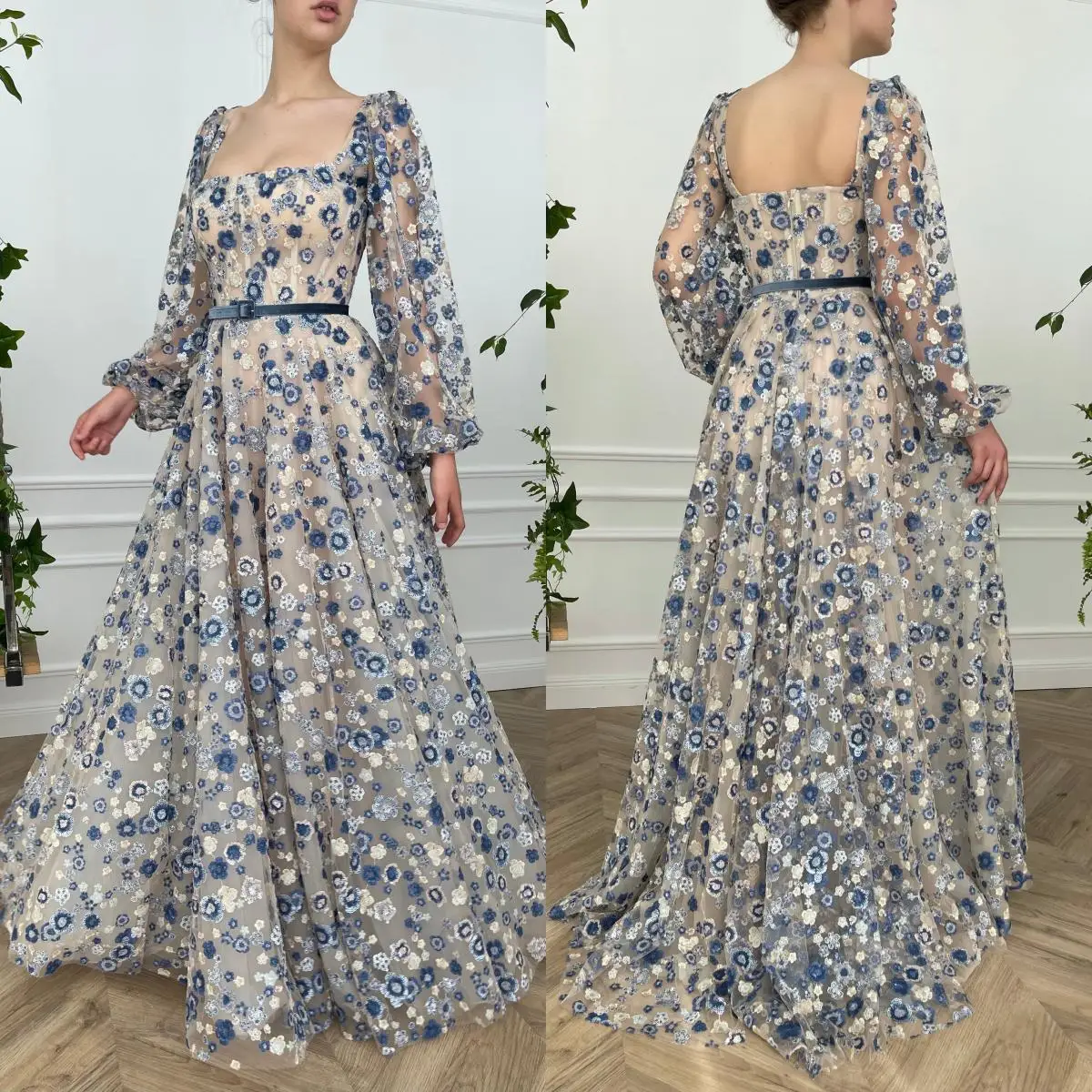 14918 # IENA Mavi Çarpıcı Max Uzunluk balo kıyafetleri Tül 3D Çiçekler Robe De Soiree De Mariage A-line Örgün Akşam Parti Elbise