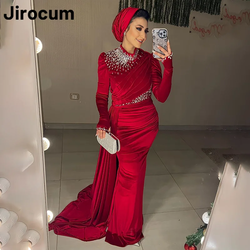 Jirocum Uzun Kollu Yuvarlak Boyun Balo Abiye kadın Kristal Kırmızı Mermaid Müslüman gece elbisesi Kat Uzunluk Örgün Parti Elbise 2024