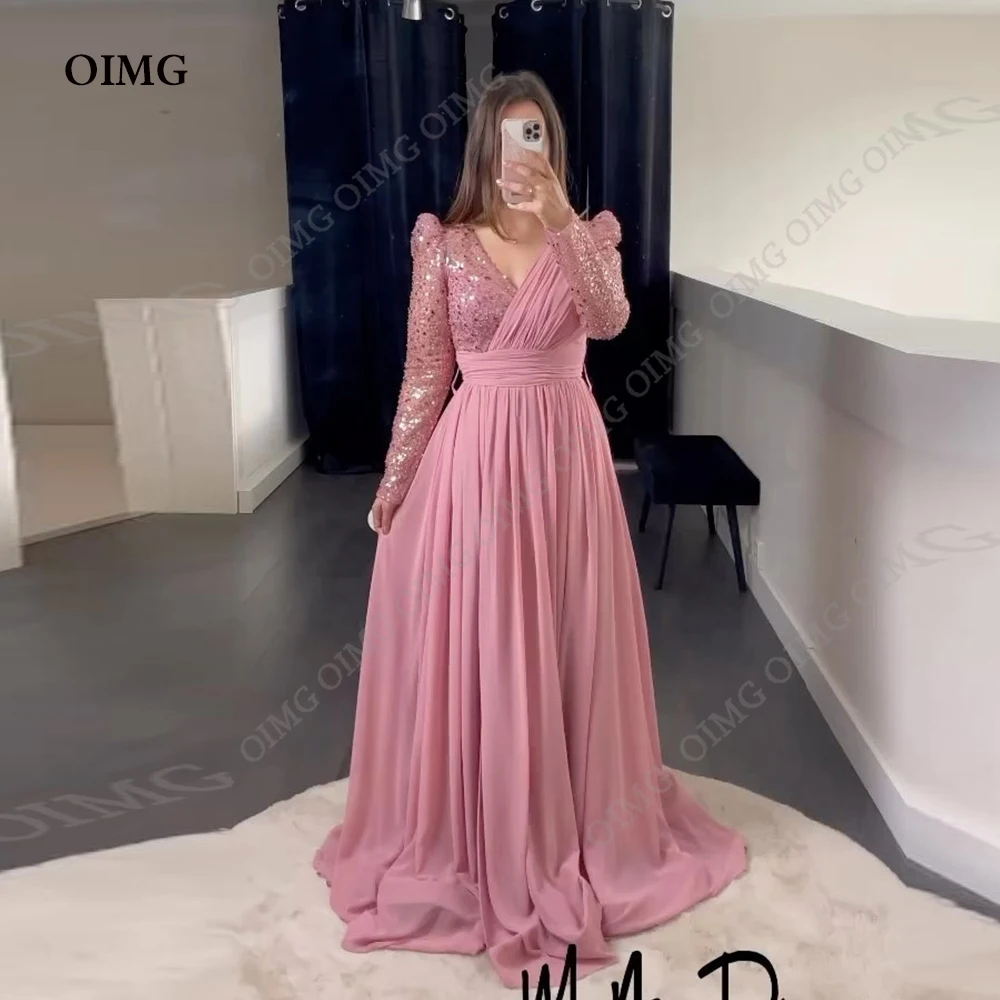 OIMG Tatlı Pembe Balo Elbise Suudi Arabistan V Boyun Uzun Parlak Sequins Bir Çizgi Akşam Gece Parti Elbiseler Yan Yarık Örgün Törenlerinde 2023