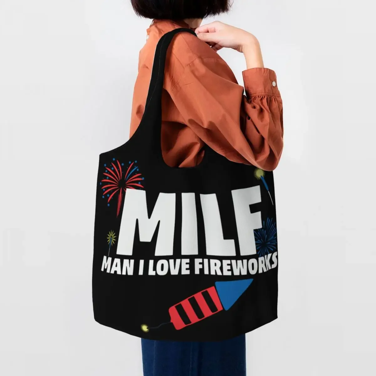 Mılf Adam Seviyorum Havai Fişek Bakkal Alışveriş Çantaları Özel Baskılı tuval Alışveriş kol çantası Çanta Büyük Kapasiteli Taşınabilir Çanta