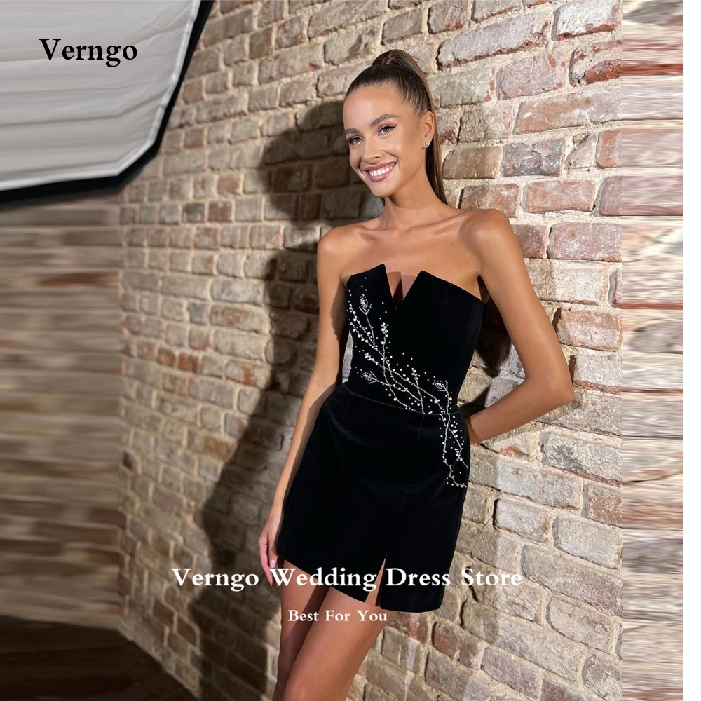 Verngo Seksi Siyah Kadife Kısa Akşam Parti Elbiseler Straplez İnciler Boncuk Mini 2023 Dubai Kadınlar Örgün Gece Kokteyl Elbisesi