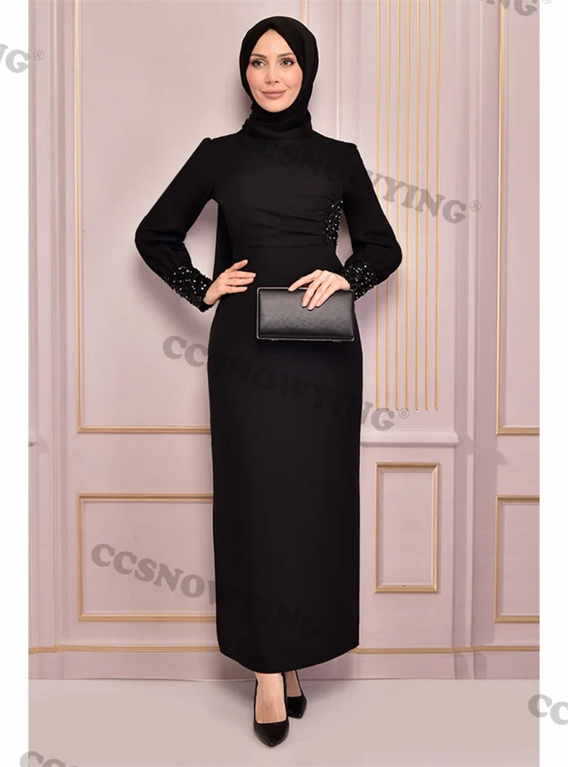 Moda Aplikler Boncuklu Müslüman Abiye Uzun Kollu İslam Örgün Parti Törenlerinde Yüksek Boyun Kadınlar Arapça Elbiseler De Soirée