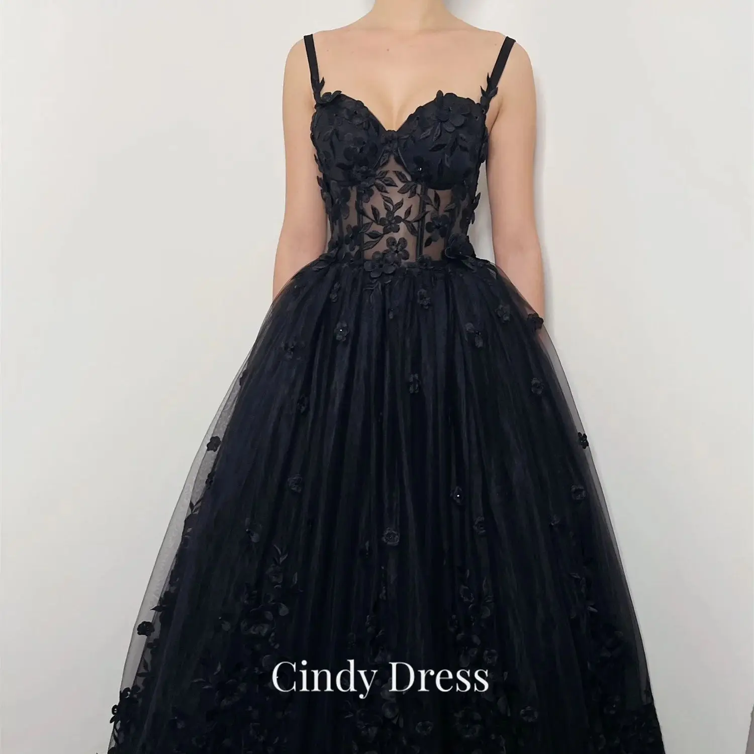 Cindy Dantel Parti Elbiseler Kadın Siyah Konuk düğün elbisesi Aplike Resmi Örgü Uygun İstek gece elbisesi Korse Balo