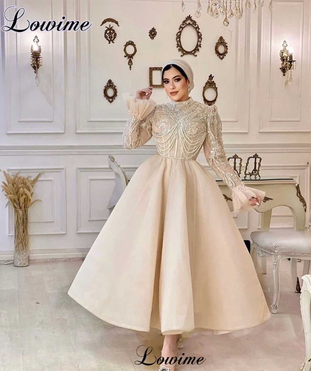 Orta Doğu Şampanya Müslüman Kokteyl Elbiseleri Artı Boyutu Uzun Kollu Boncuklu Düğün Parti Elbise Abiye giyim Vestidos De Cóctel