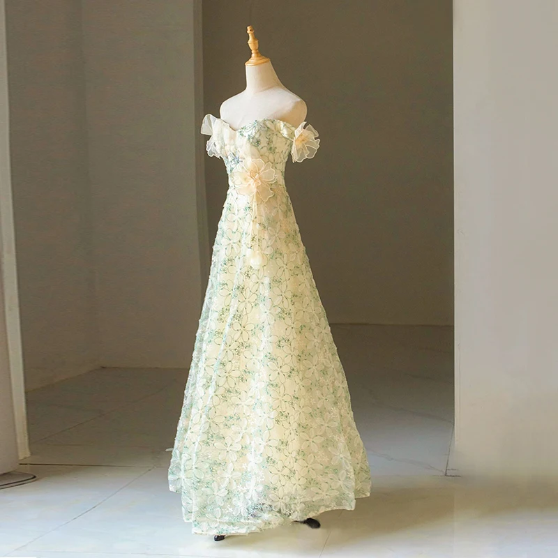 Zarif A-line Bej Çiçek düğün elbisesi Kapalı Omuz Kolsuz Lace Up Midi Balo elbisesi Kadınlar için Vestidos De Noche#18313