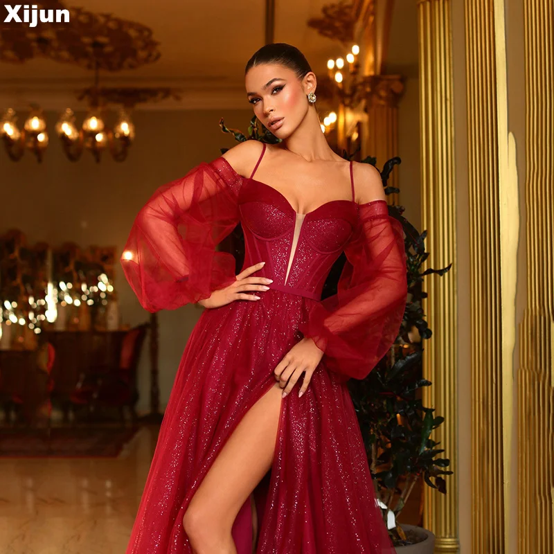 Xıjun Kırmızı A-Line balo kıyafetleri Zarif Tül Askı Katmanlı Yan Bölünmüş Akşam Elbise Özel Durum elbise Vestidos De Novia